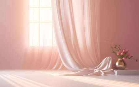 Bright interior with curtains and a vase of flowers. 3d renderingの素材
