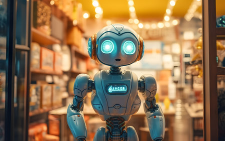 A toy robot stands in a store in Moscow.の素材