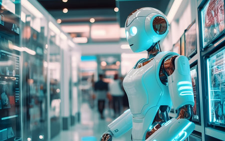 A robot is looking at the display in the shopping mall.の素材