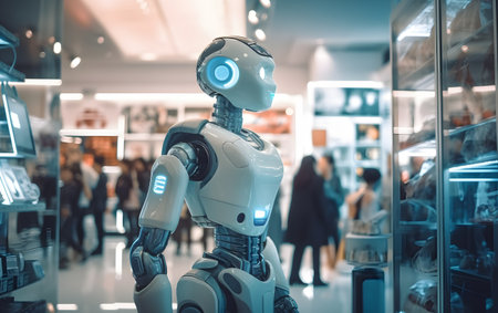 Robot in the shopping mall. Technology and people concept. 3D Renderingの素材