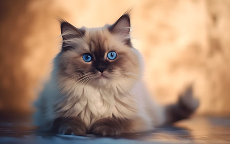 beautiful long-haired ragdoll cat with blue eyes on a brown backgroundの素材