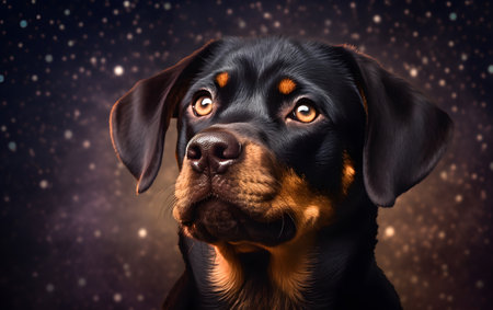 Portrait of a young rottweiler dog on a dark backgroundの素材