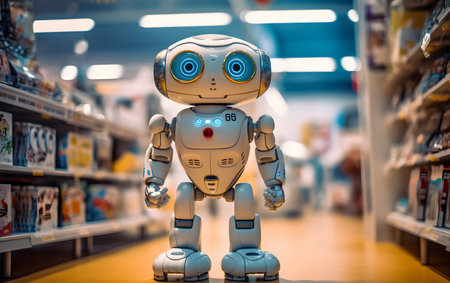 Close up of a toy robot in a supermarket.の素材