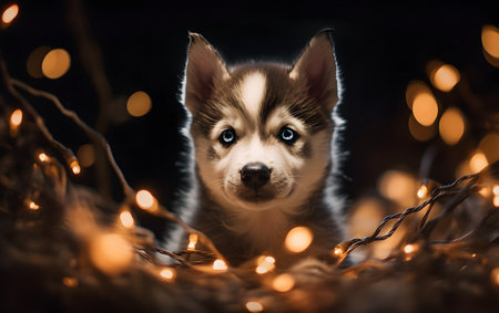 Cute siberian husky puppy in christmas lights.の素材