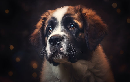 Portrait of a Saint Bernard puppy on a background of a Christmas treeの素材