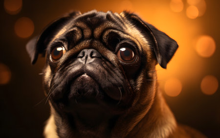 Portrait of a pug dog on a dark background with bokehの素材