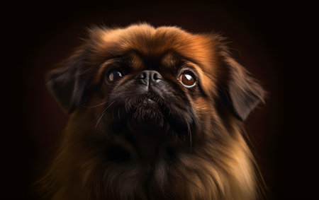Pekingese dog portrait on dark background. Close up.の素材