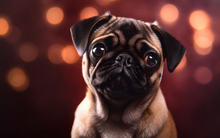 Portrait of a cute pug dog on bokeh backgroundの素材