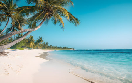 Tropical beach with palm trees and white sand at sunny dayの素材