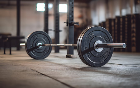 Barbells in a gym, weightlifting equipment, sport backgroundの素材