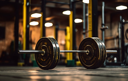 Dumbbells in a gym. Close-up of weights.の素材