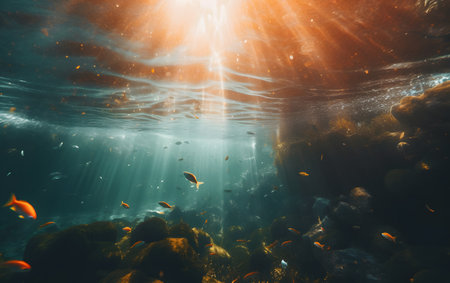 Underwater scene of coral reef with fishes and rays of sunlight.の素材