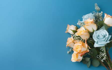 Bouquet of white and orange roses on a blue background.の素材
