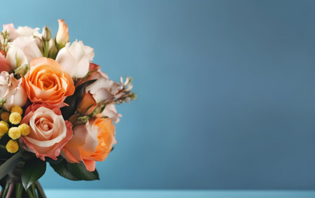 Bouquet of roses in vase on blue background with copy spaceの素材