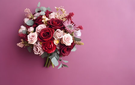 Beautiful bouquet of flowers on pink background. Flat lay, top view.の素材