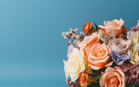 close up of bouquet of roses on blue background with copy spaceの素材
