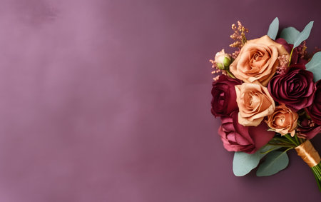 Beautiful bouquet of roses on a purple background. Flat lay, top view.の素材