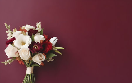 wedding bouquet on a burgundy background with copy spaceの素材