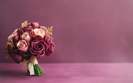 Bouquet of pink and purple roses on a pink background.の素材