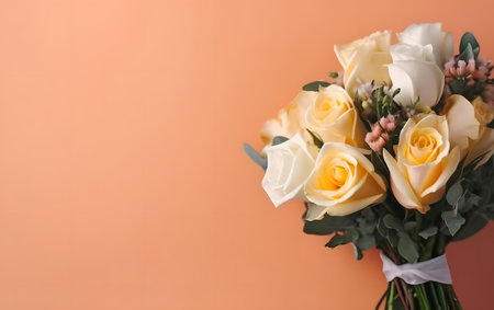 Beautiful bouquet of roses on orange background, closeup. Space for textの素材
