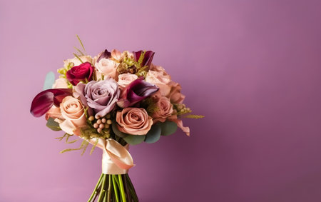 Bouquet of flowers on a purple background. Flat lay.の素材