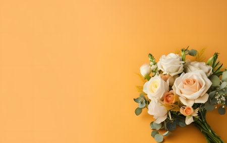 Bouquet of flowers on orange background, top view. Space for textの素材
