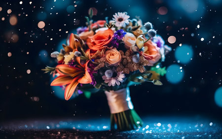 beautiful bridal bouquet on black background with bokehの素材