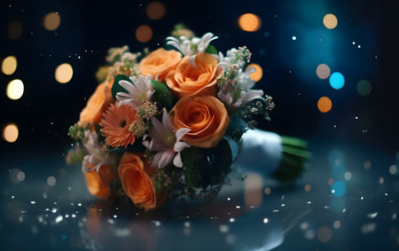 Beautiful bridal bouquet on a dark background with bokehの素材