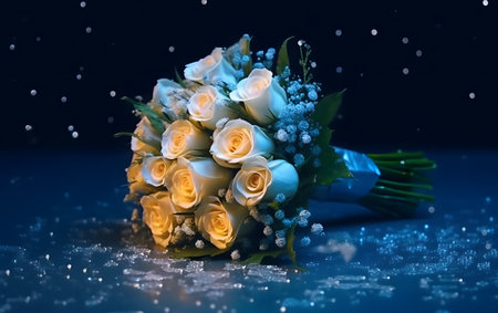 Wedding bouquet of white roses on a blue background.の素材