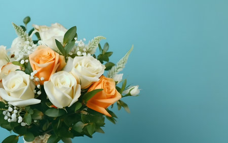 Bouquet of white and orange roses on a blue background.の素材