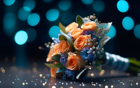 Wedding bouquet of roses on a background of blue lightsの素材