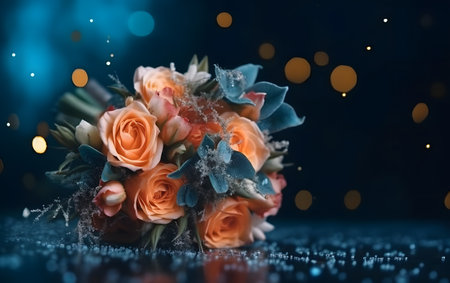 Wedding bouquet of orange roses on a dark background.の素材