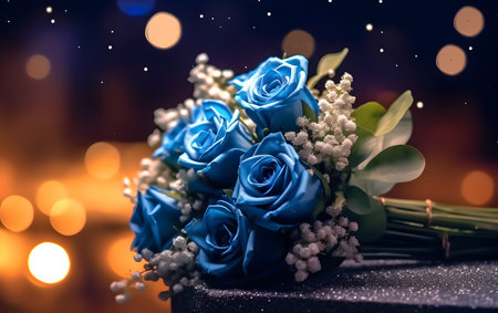 wedding bouquet of blue roses on the background of the night cityの素材