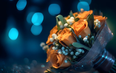 Bouquet of orange roses on a blue bokeh backgroundの素材