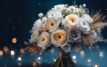 Wedding bouquet of white roses on the background of bokehの素材