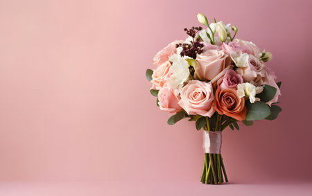 Bridal bouquet of roses on pink background with copy spaceの素材