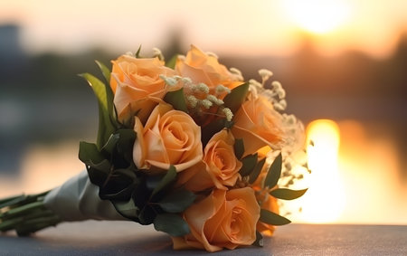Wedding bouquet of roses on the background of the setting sunの素材