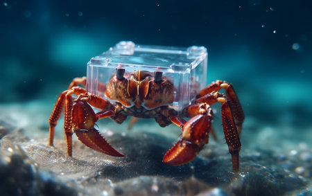 Close up of a red crab in an ice cube on the sandの素材