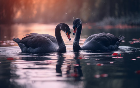 Two swans swimming on the lake at sunset. Wildlife scene.の素材