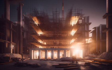 3d rendering of a building under construction in the city at nightの素材