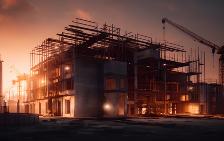 construction site with cranes at sunset. 3d rendering.の素材