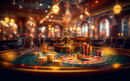 Casino roulette table. Roulette wheel and chips in casino.の素材