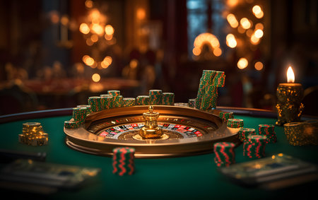 Casino roulette wheel with chips and money on green table in casinoの素材