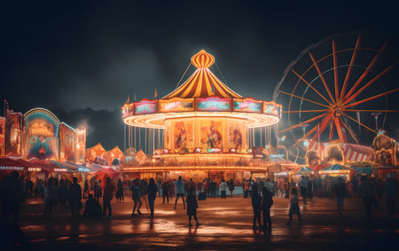 Merry-go-round in amusement park at night with people on itの素材