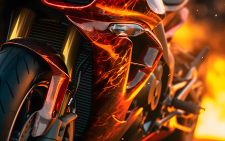 Close-up of a motorcycle engine with flames on the background.の素材
