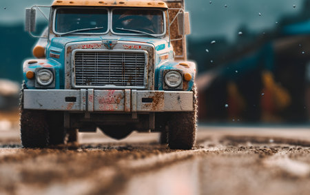 Close up of old toy truck with raindrops on the ground.の素材