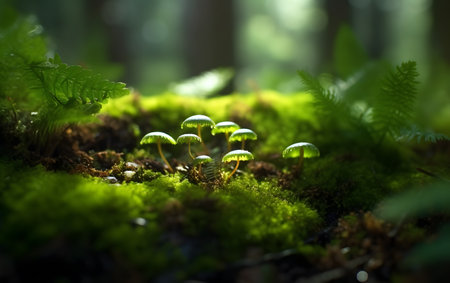 Beautiful green moss in the forest. Selective focus. Shallow depth of fieldの素材