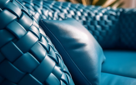 Close up of blue leather sofa with pillows in modern living roomの素材