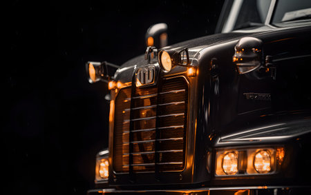 Close-up of a classic american car in the rain on a black backgroundの素材