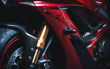 Rear view of a red sports motorcycle with a big engine.の素材